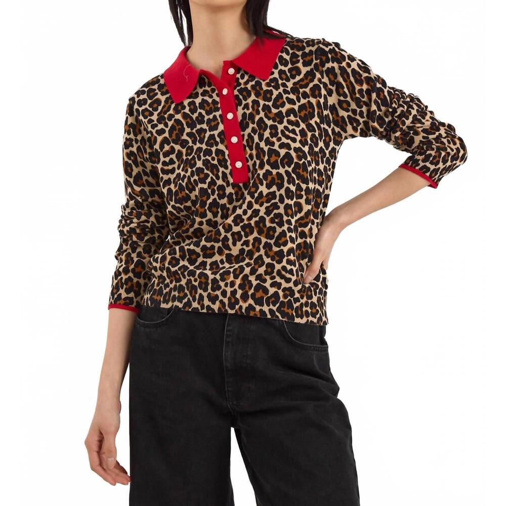 NEW WISPR pop collar leopard polo in light camel with tomato